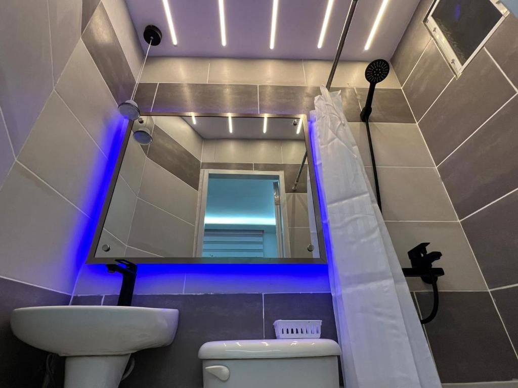 Une salle de bain avec des toilettes, un lavabo et une douche.