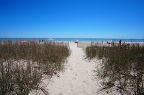 A sandy beach path leading to the ocean with beach umbrellas and people in the distance. - Roxanne Towers #706, 2BR Condo in Myrtle Beach (MYRTLE BEACH)