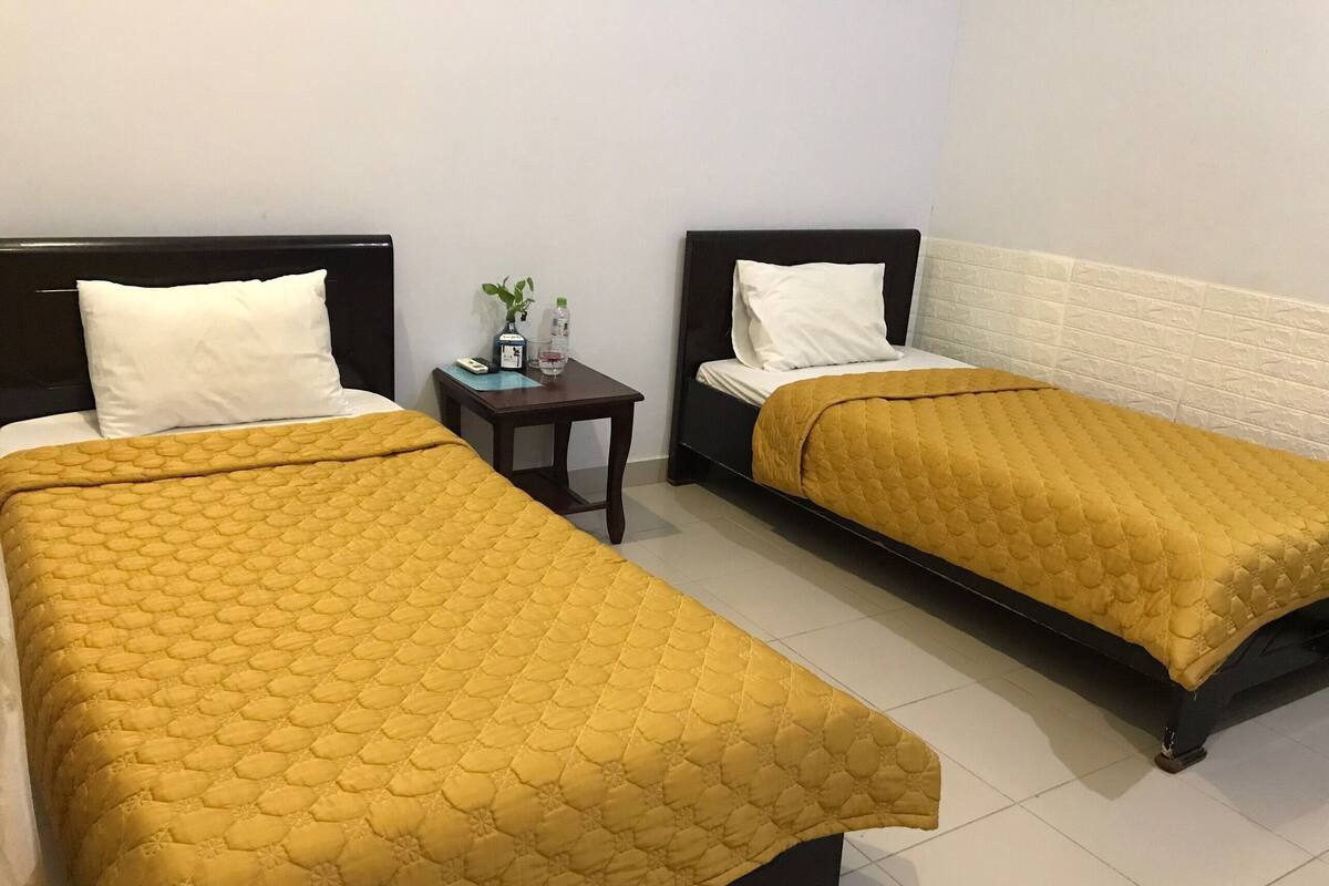 A hotel room with two beds, each with a yellow quilted bedspread and white pillows. There is a small wooden nightstand between the beds with a plant and a water bottle on it.