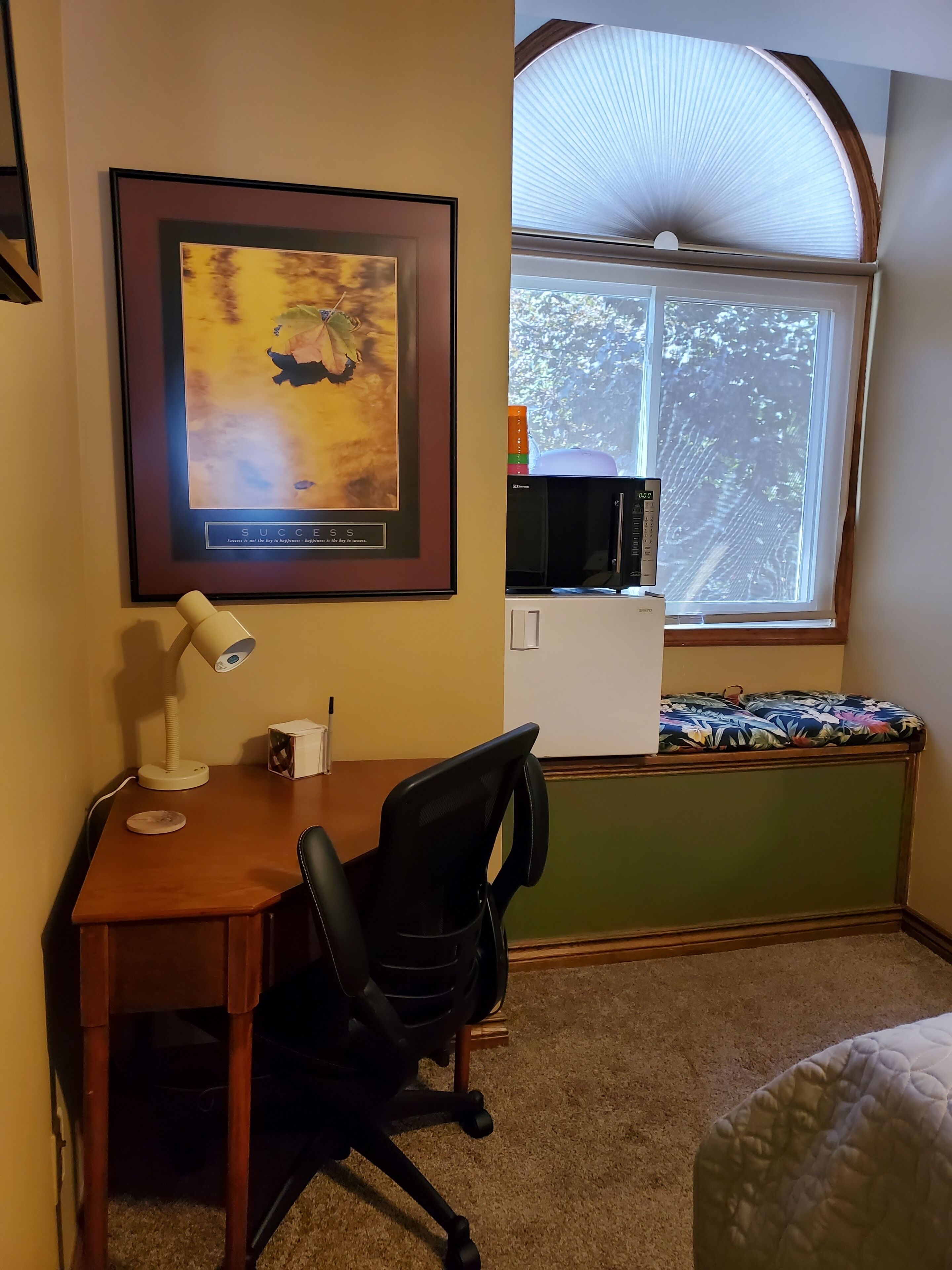 A room with a desk, a framed picture, a lamp, a chair, a microwave, and a window with blinds.
