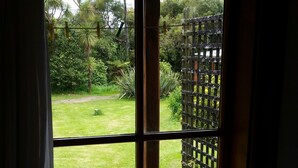 A window with a view of a grassy yard and trees. - Opua Garden Cottage, sleeps 3 (Collingwood)