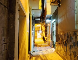 A narrow alleyway with a dog in the distance, stone walls, and a yellow door on the left.