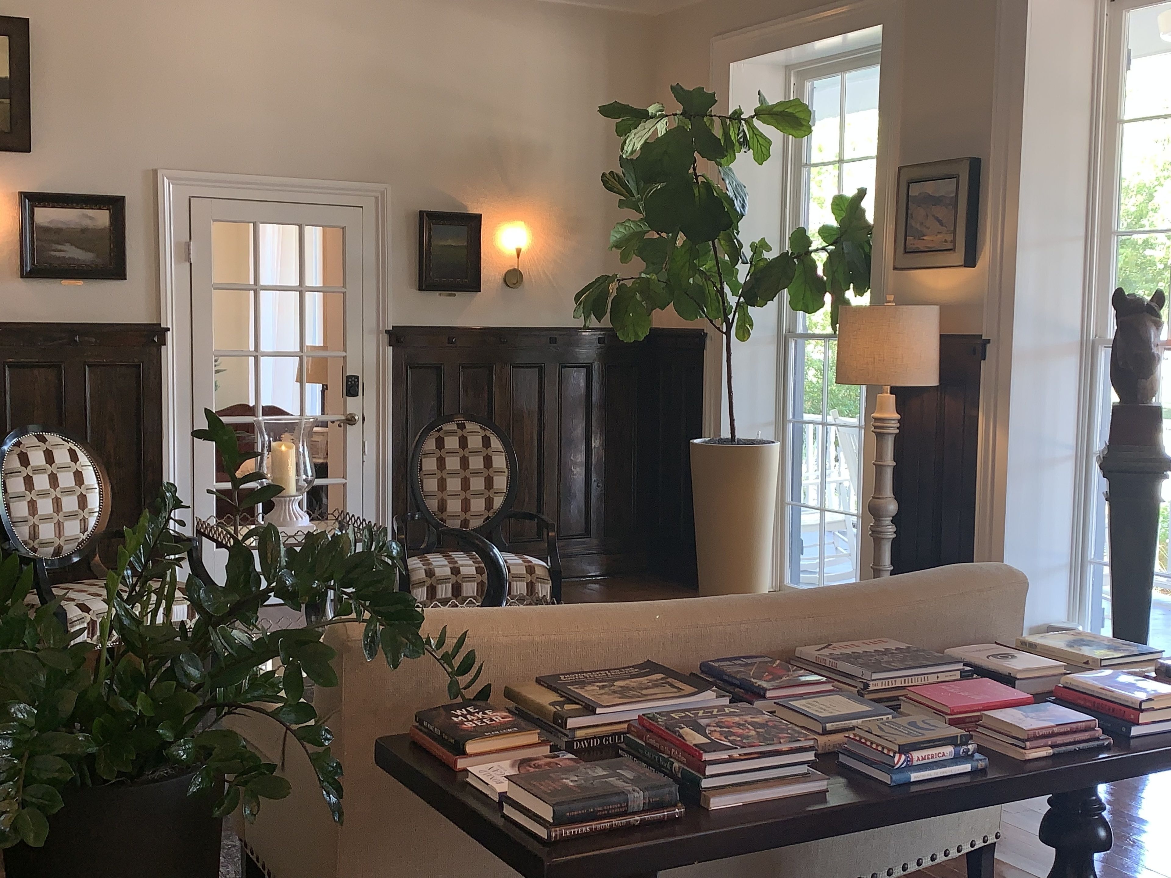 Un salon chaleureux avec une table basse recouverte de livres, une grande plante en pot et une cheminée agrémentée d’une étagère.
