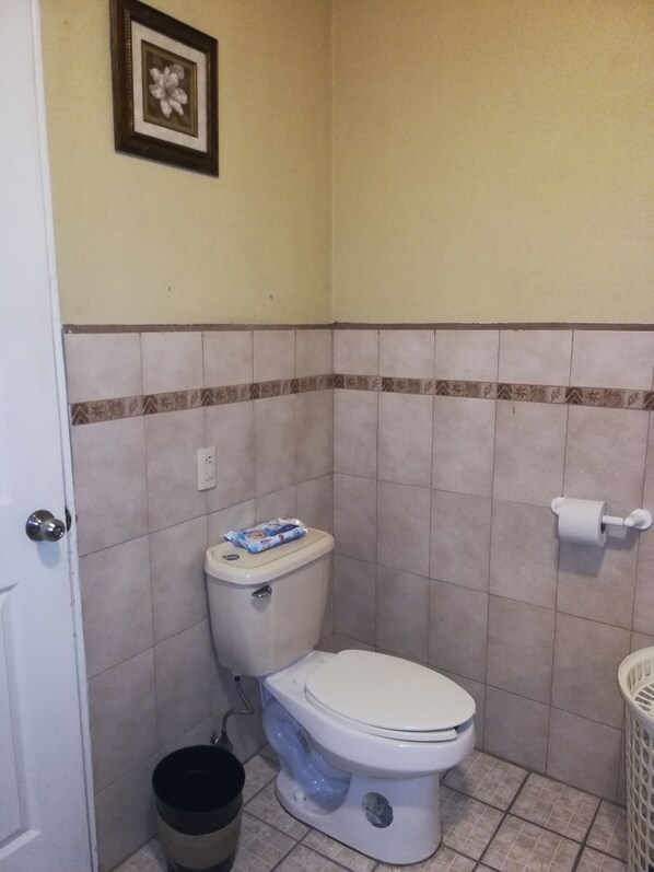 Shower, hair dryer, towels, toilet paper