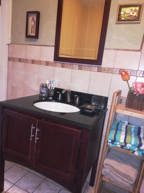 Shower, hair dryer, towels, toilet paper