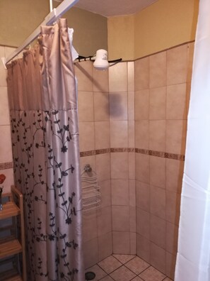 Regadera, secadora de cabello, toallas, papel de baño 