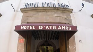 The entrance to HOTEL D'ATILANOS with a tiled pathway leading inside, surrounded by potted plants and architectural details. - Hotel Atilanos (Morelia)