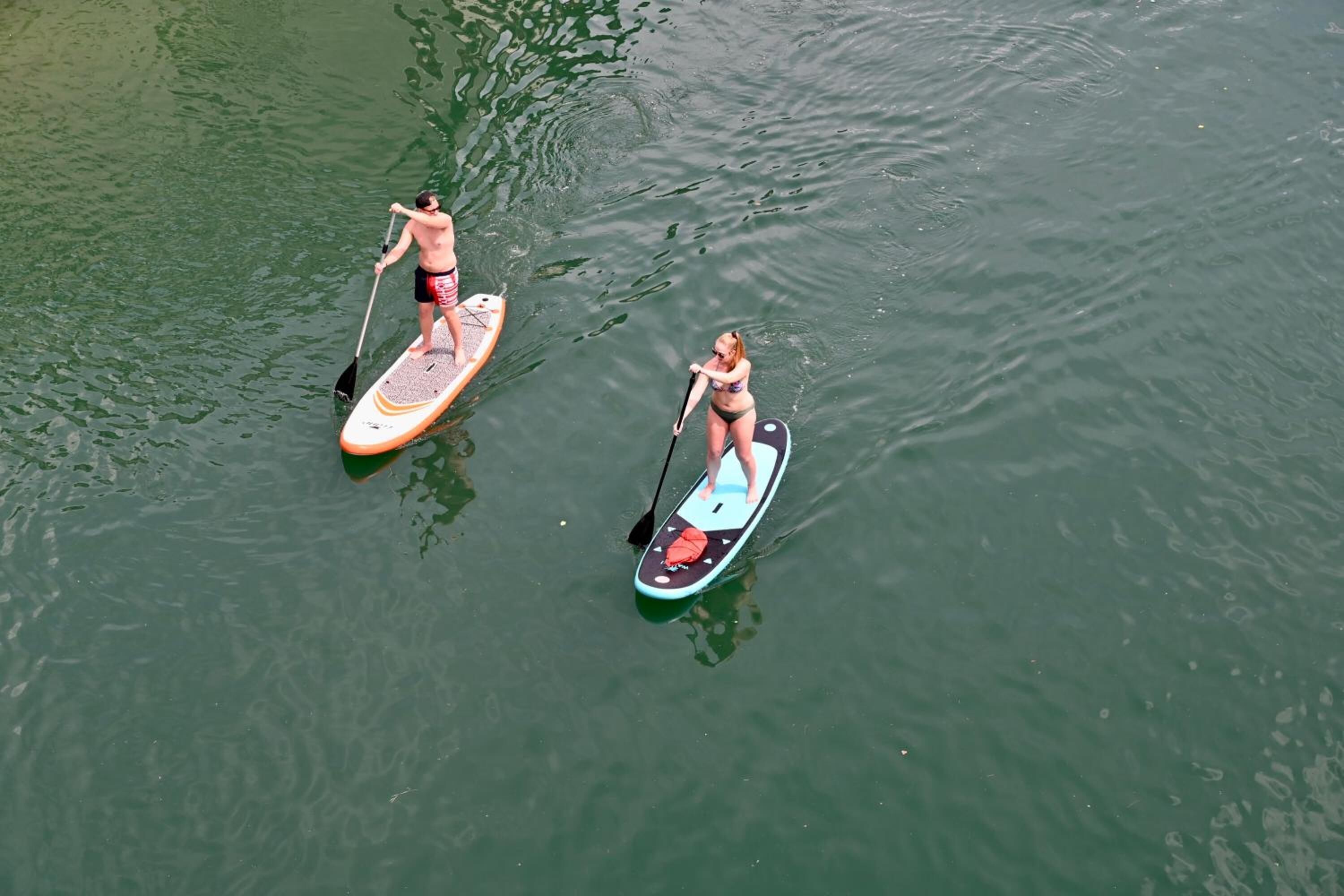 Two people paddleboarding on a calm body of water.