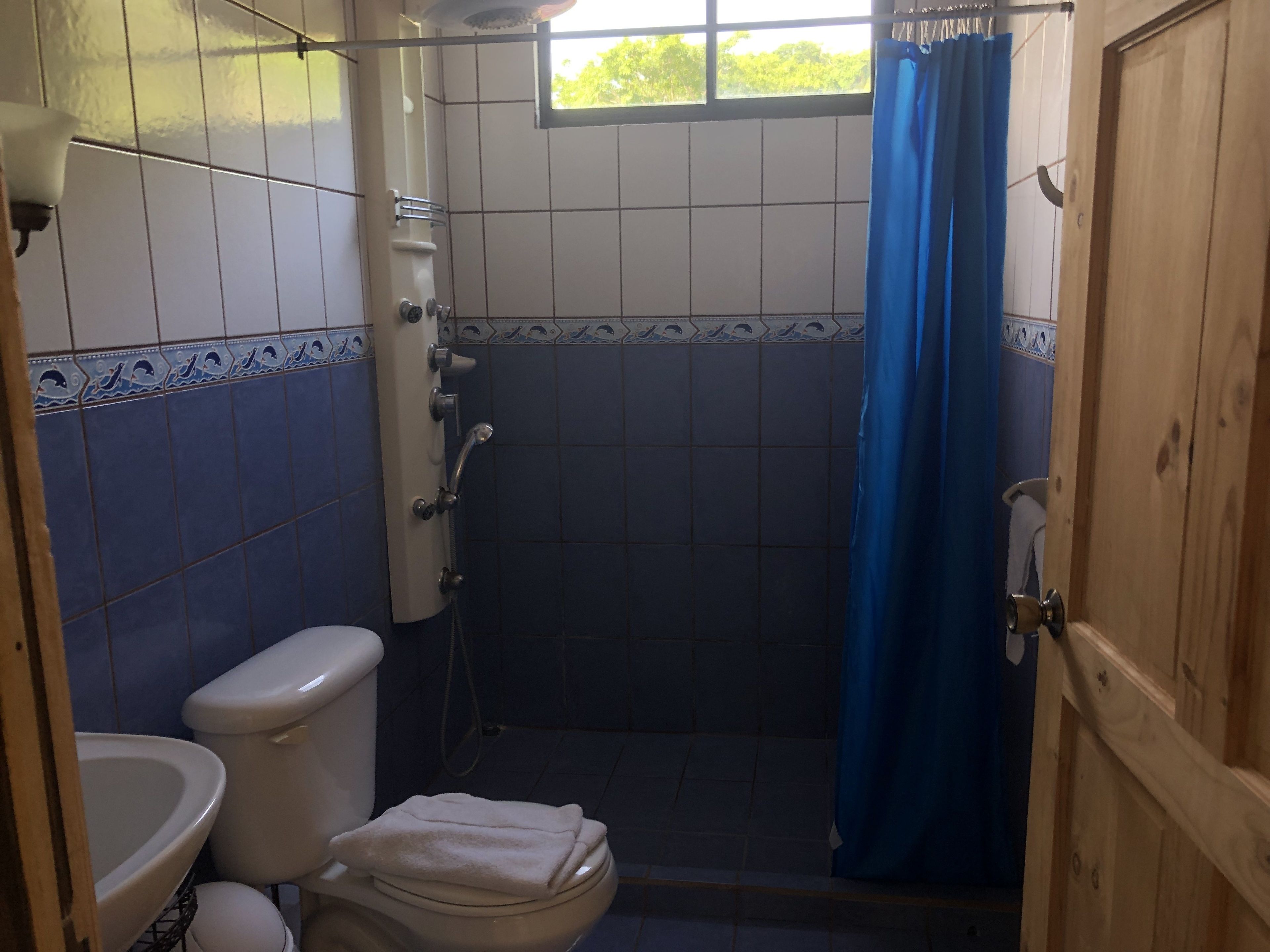 A bathroom with a toilet, a shower, and a sink.