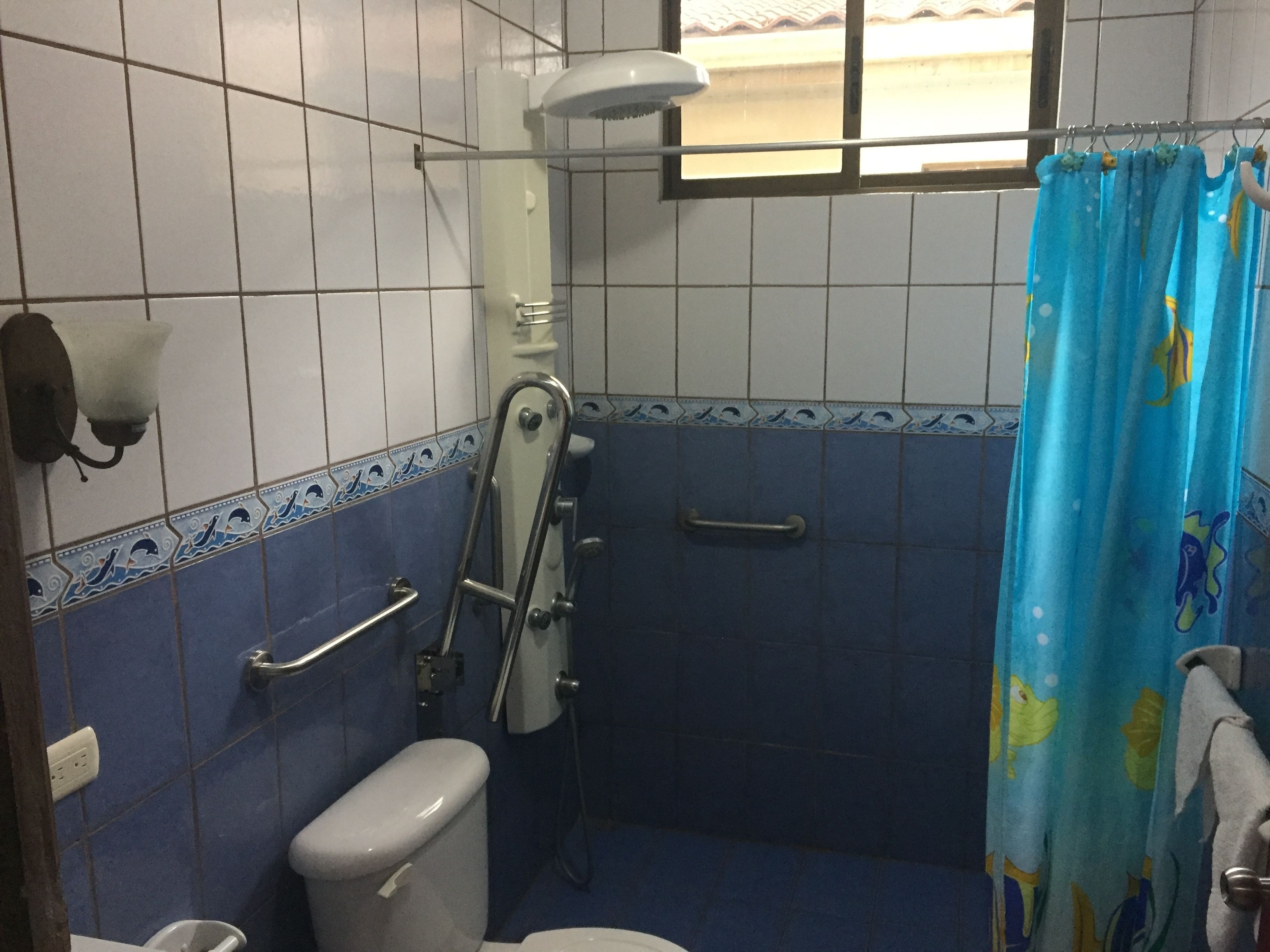 A small bathroom with a toilet, a shower, and a window.