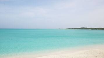 A beach with clear turquoise water and a sandy shore.