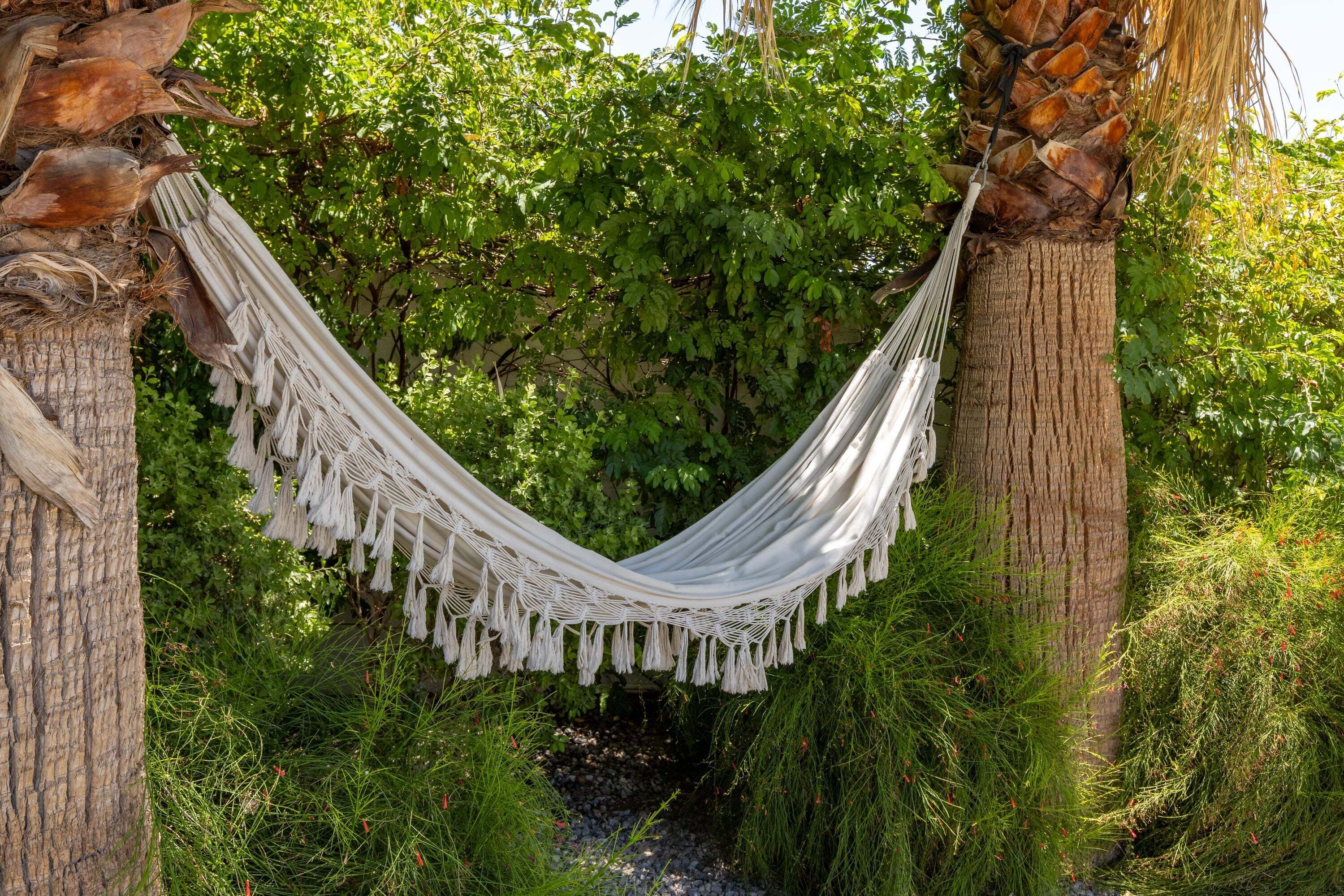Una hamaca entre árboles en un jardín exuberante.