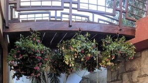 A wooden bench under a hanging planter with flowers, a stone wall, and a staircase. - Apartments Cumbaya Quito Ec (Cumbayá)