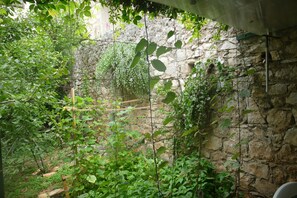 Um jardim com muro de pedra, plantas trepadoras e um treliça de madeira.
