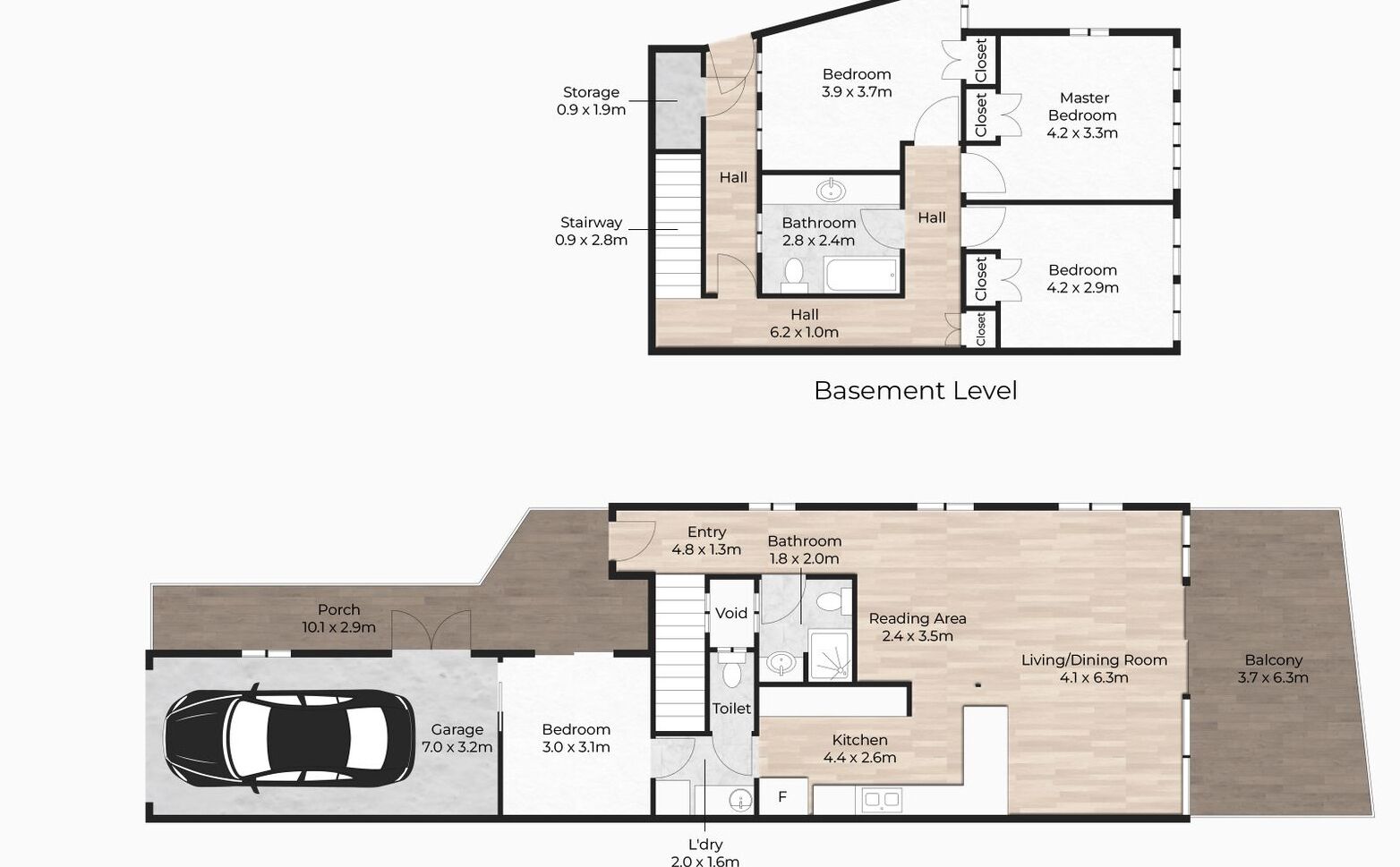 Plan d’une maison à deux étages comprenant un garage, une véranda, un salon/salle à manger, un balcon et plusieurs chambres.
