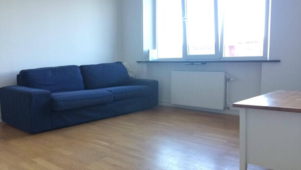 Une pièce avec un canapé bleu, un radiateur blanc et un plancher en bois.