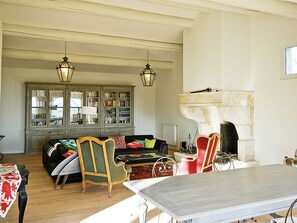 Televisión, chimenea y estéreo