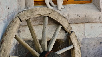 A white cat standing on a window sill next to a wooden wheel.