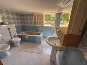Bañera, secador de pelo, bidet, toallas