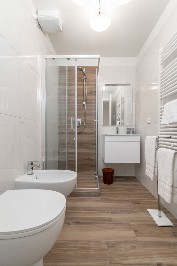 Shower, hair dryer, towels, toilet paper