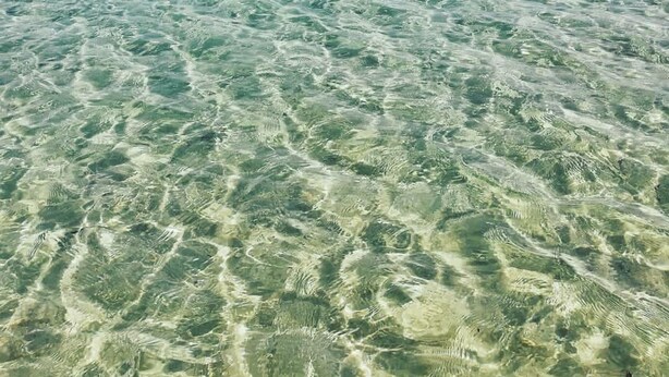Freie Sicht auf einen Strand mit flachem Wasser und einem entfernten Boot.