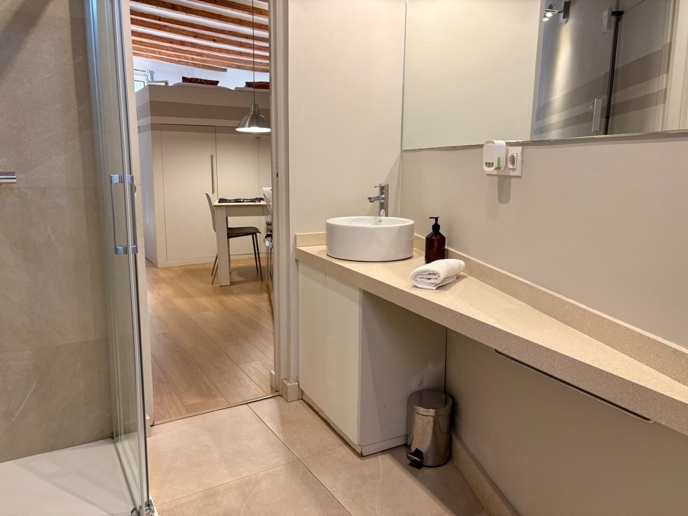 Une salle de bain moderne avec une douche à parois de verre, un lavabo avec un miroir et des toilettes.