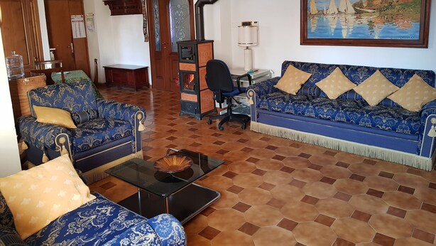 A living room with patterned sofas, a coffee table, and a painting of a river scene. - Apartment with 2 bedrooms and kitchen (Avezzano)
