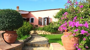 A stone pathway leading to a house with a pink facade, surrounded by lush greenery and large terracotta pots.