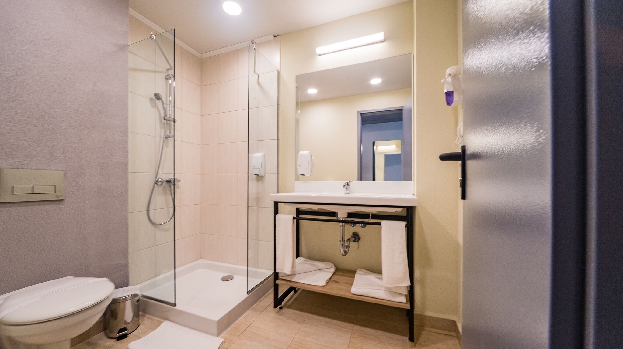 shower, free toiletries, hair dryer, towels