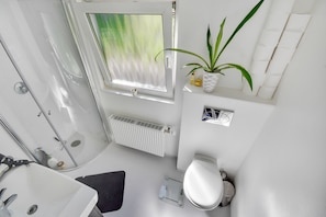 Un baño moderno con ducha, inodoro, lavabo y una planta en maceta.