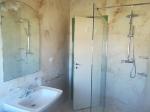 Shower, hair dryer, bidet, towels