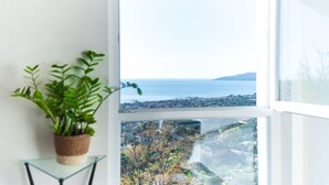 Ein Zimmer mit einem großen Fenster, das einen Blick auf eine Küstenlandschaft bietet, einer Zimmerpflanze auf einem Glastisch und einem Einblick in den Innenraum.