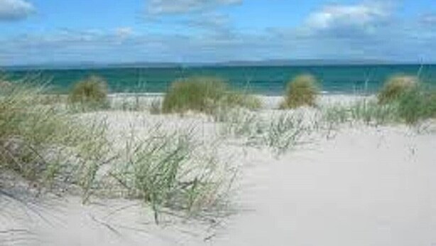 Ein Strand mit Dünen und blauem Himmel.