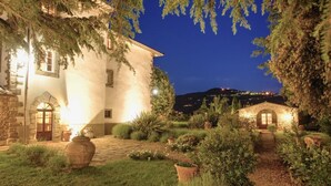 A well-lit courtyard with a stone pathway leading to a building with a large arched entrance.