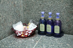 Separate tub and shower, jetted tub, free toiletries, hair dryer