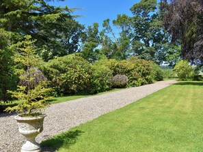 A gravel path leading through a well-maintained garden with various shrubs and trees.