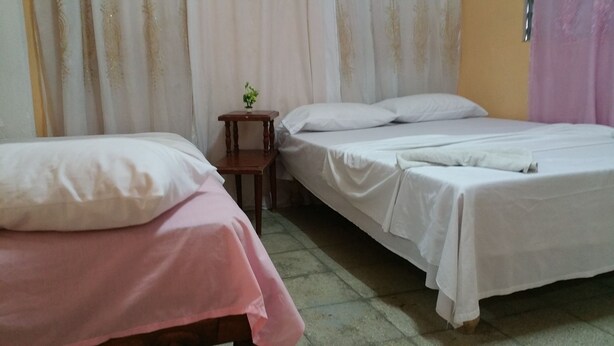 Ein Zimmer mit zwei Betten, eines mit einer rosafarbenen Decke und das andere mit einer weißen Decke. Ein kleiner Nachttisch aus Holz mit einer Pflanze darauf.