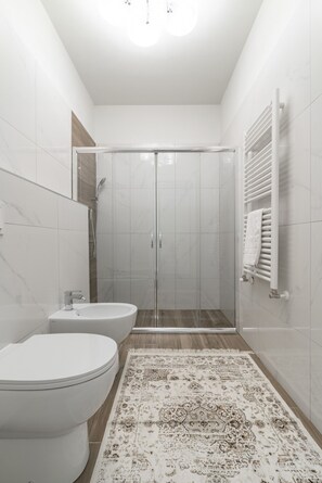 Shower, hair dryer, towels, toilet paper