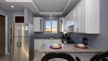 Luxury Apartment | Private kitchen | Fridge, microwave, oven, stovetop