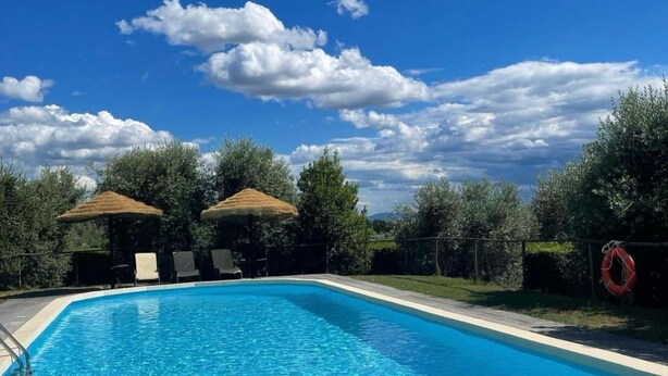 A rectangular swimming pool with clear blue water, surrounded by trees and two thatched umbrellas. - Situated inside olive oil farm, Altabina enjoys a panoramic position over the valley and the large h (Lamporecchio)