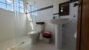 A bathroom with a toilet, a shower, and a sink.