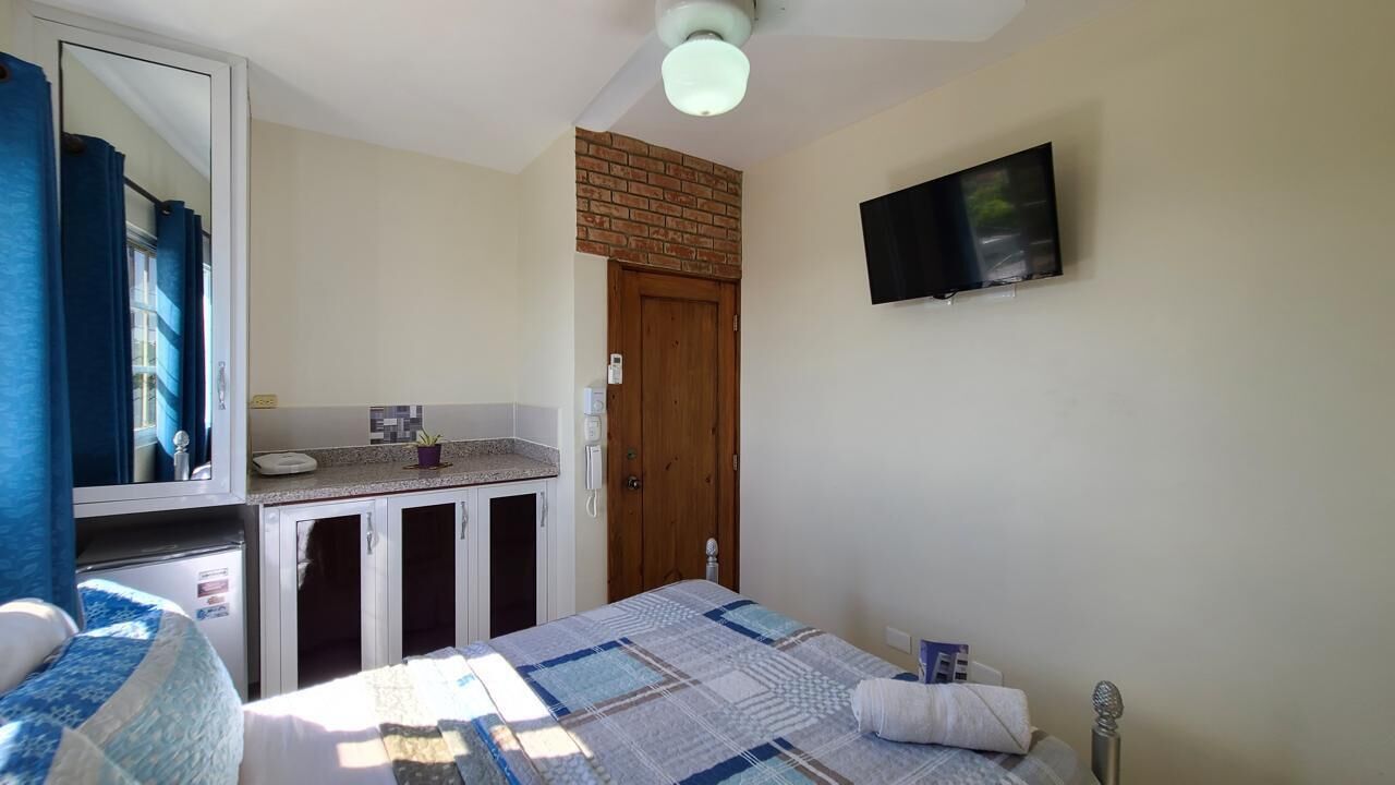 Un dormitorio con cama, televisor en la pared, puerta de madera y pequeña zona de kitchenette.