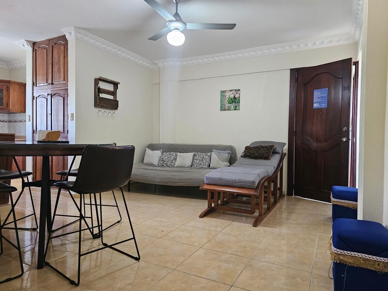 A living room with a sofa, a coffee table, a dining table with chairs, a ceiling fan, and a door.