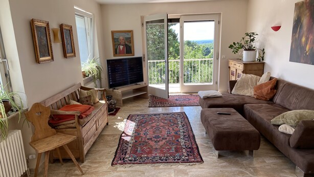 A living room with a sofa, a TV, a wooden chair, and a large window with a view of trees.
