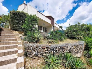 Une maison avec un mur en pierre, des marches et diverses plantes.