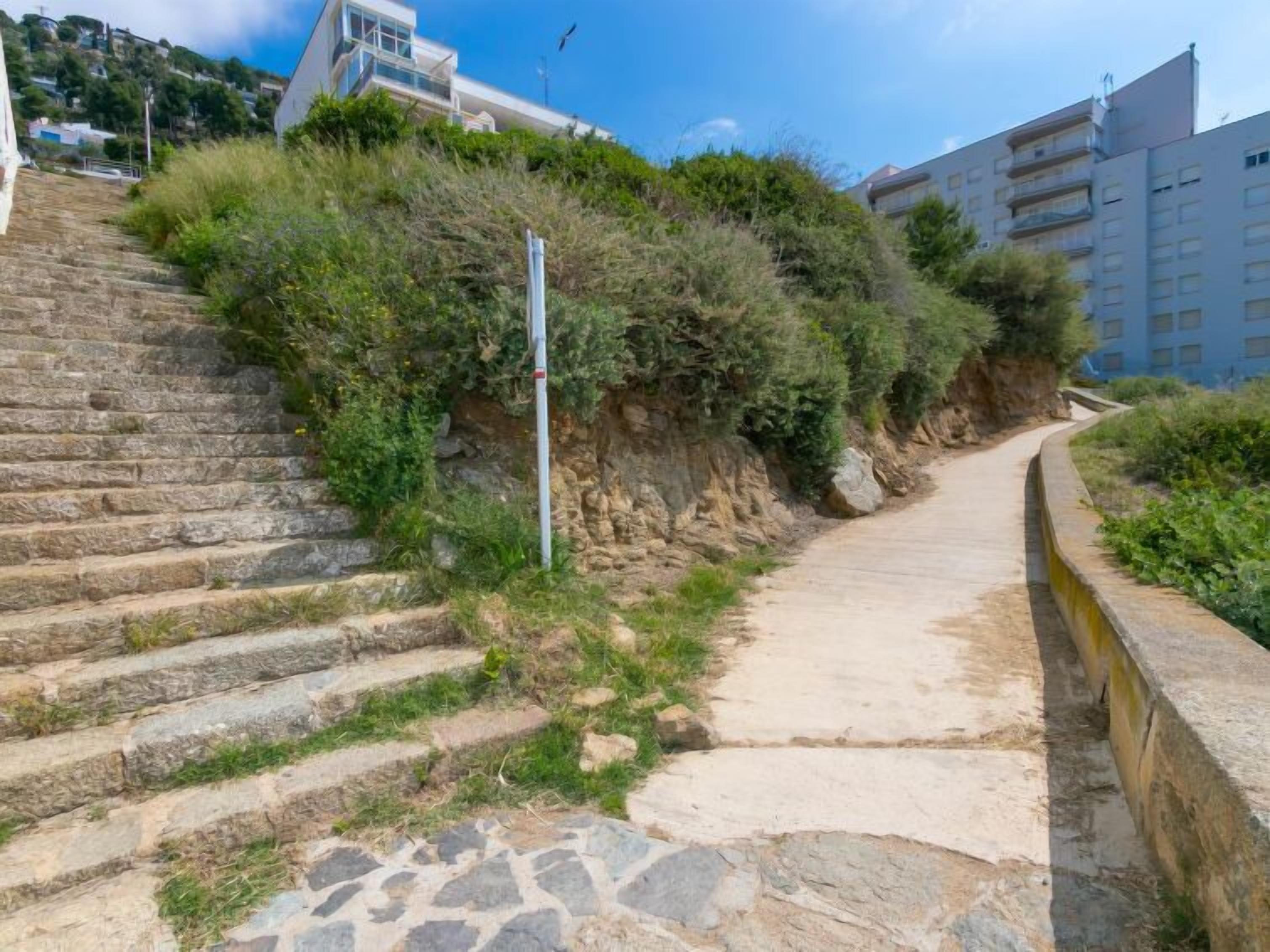 Una escalera de piedra que asciende por una colina, con un sendero despejado a su lado.