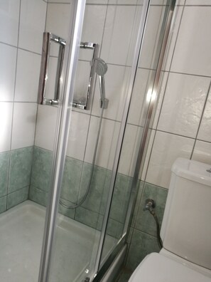 Combined shower/bathtub, towels, soap, toilet paper