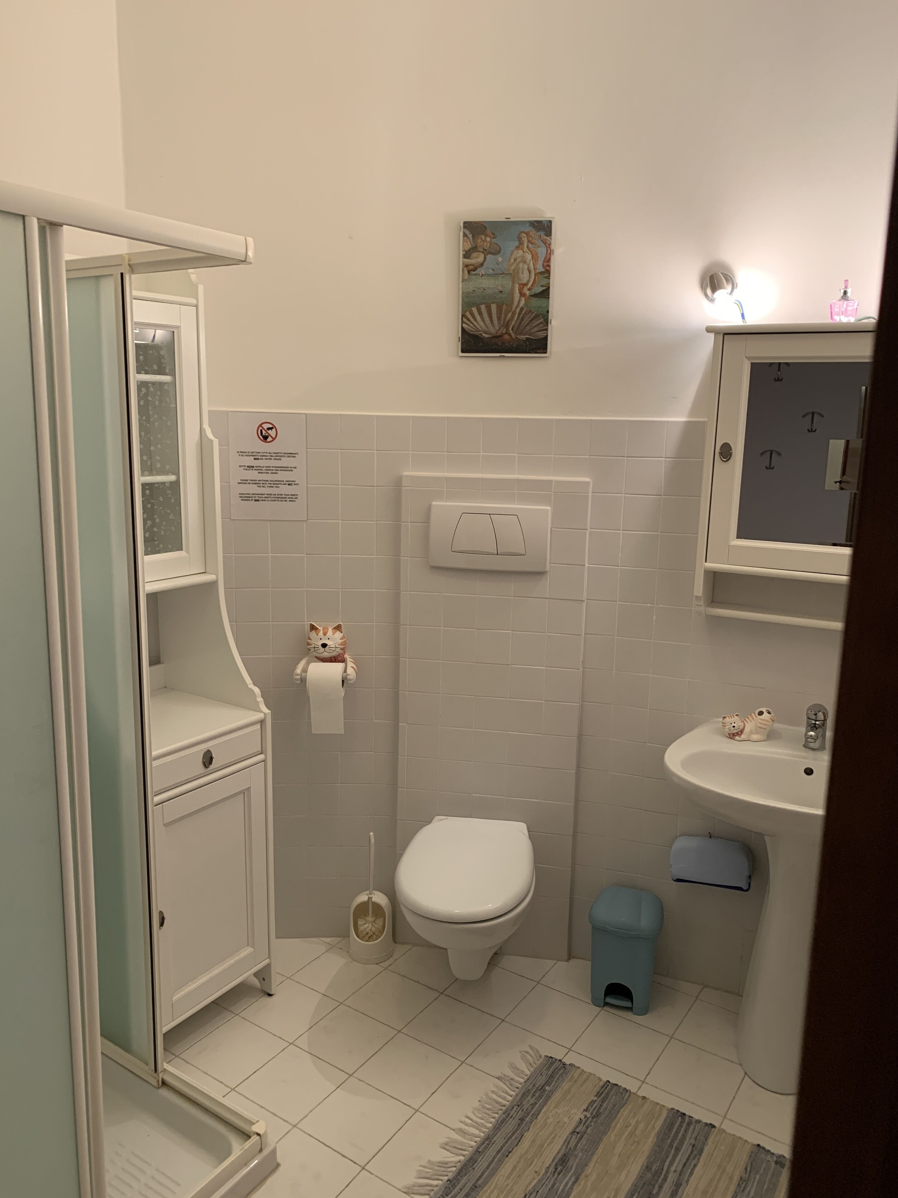 Une salle de bain équipée de toilettes, d’un lavabo et d’un sèche-mains. On y trouve également une petite poubelle et une brosse à toilettes.