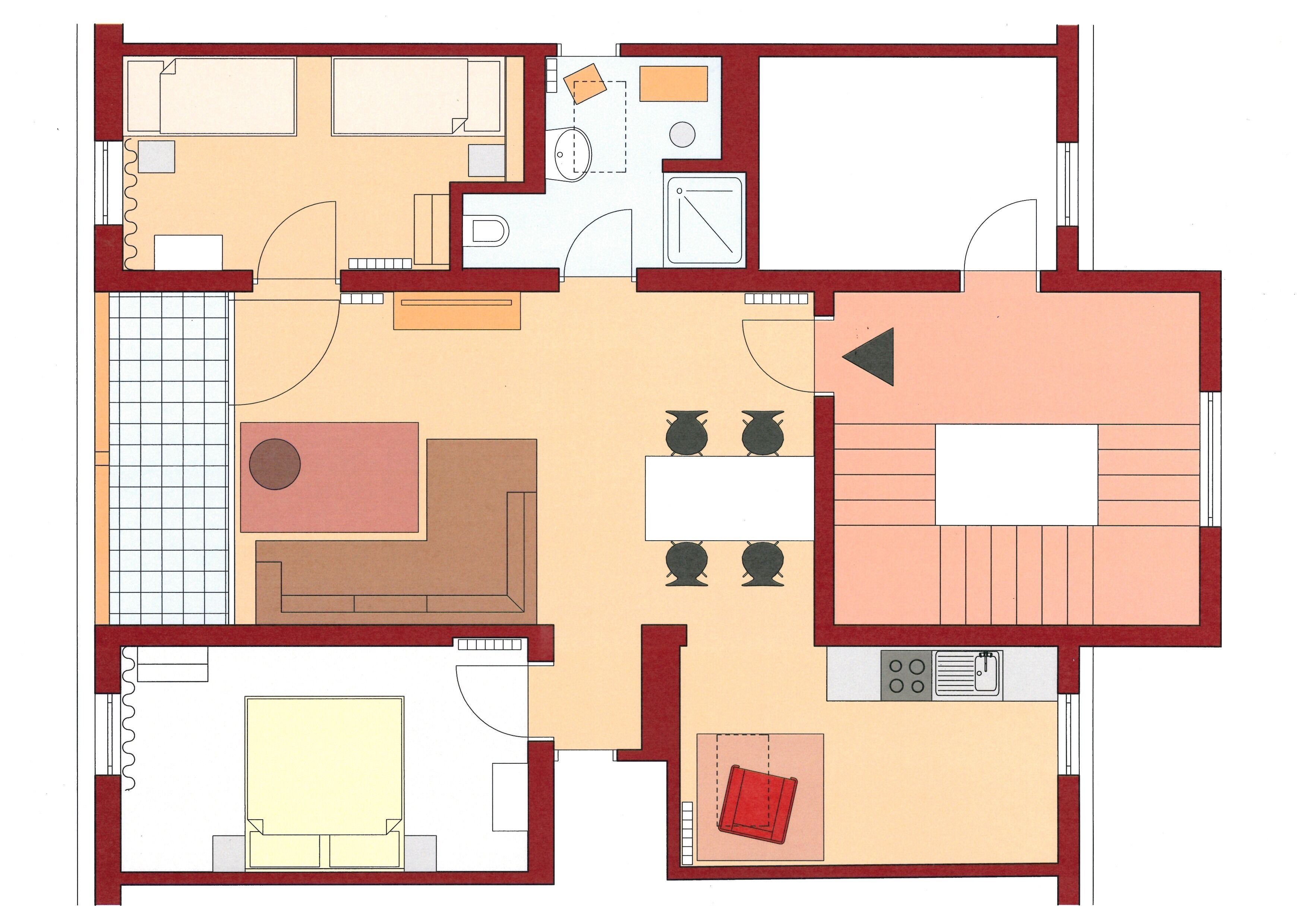 Een plattegrond met een woonkamer, eetgedeelte, keuken en twee slaapkamers.