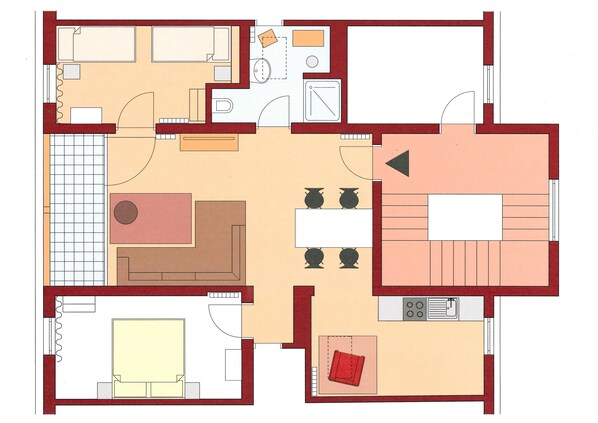 A floor plan with a living room, dining area, kitchen, and two bedrooms. - Refuge with a wonderful view (MERAN)